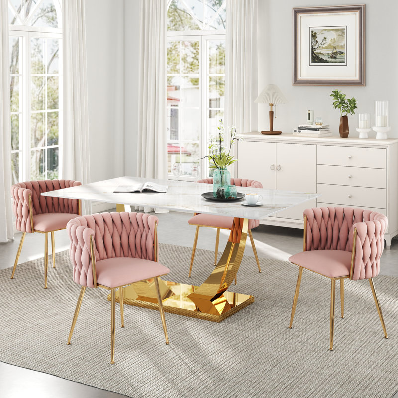Rectangle Pedestal Dining Set with Woven Dining Chair, Pink
