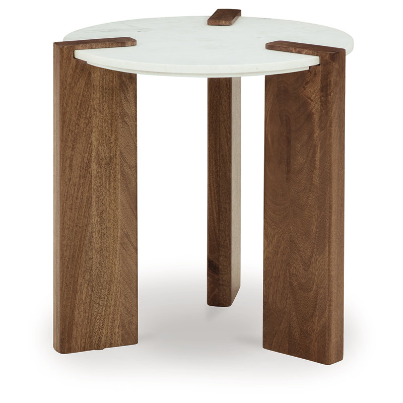 Round White Marble and Brown Wood End Table