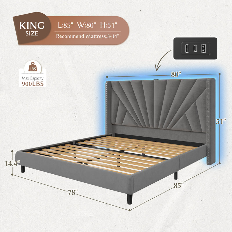 Bed Frame With 51"High Velvet Upholstered  Wingback Headboard, Platform Bed With Charging Station And Led Lights, Gray, King