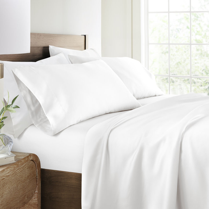 Ensemble de draps 100% rayonne de bambou soyeux, Ensemble de draps pour lit simple avec 1 taie d'or, Blanc