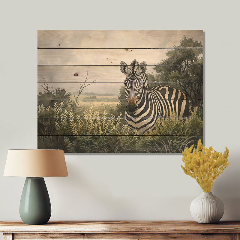 Aquarelle Zebra Garden III - impression moderne en bois noir sur bois de pin naturel, H 10 po x l 20 po