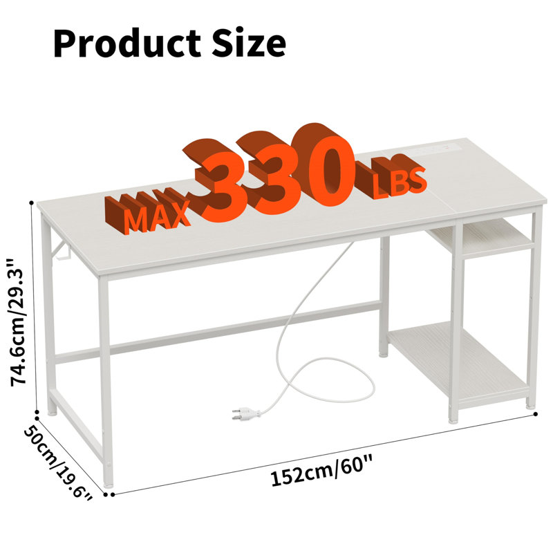 Computer Table, 152 Cm, Shelf With USB Sockets, Type-C Charging Port And Headphone Hook, White