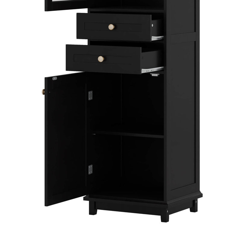 Armoire de rangement pour salle de bain avec portes en verre, deux tiroirs et tablettes réglables, Noir