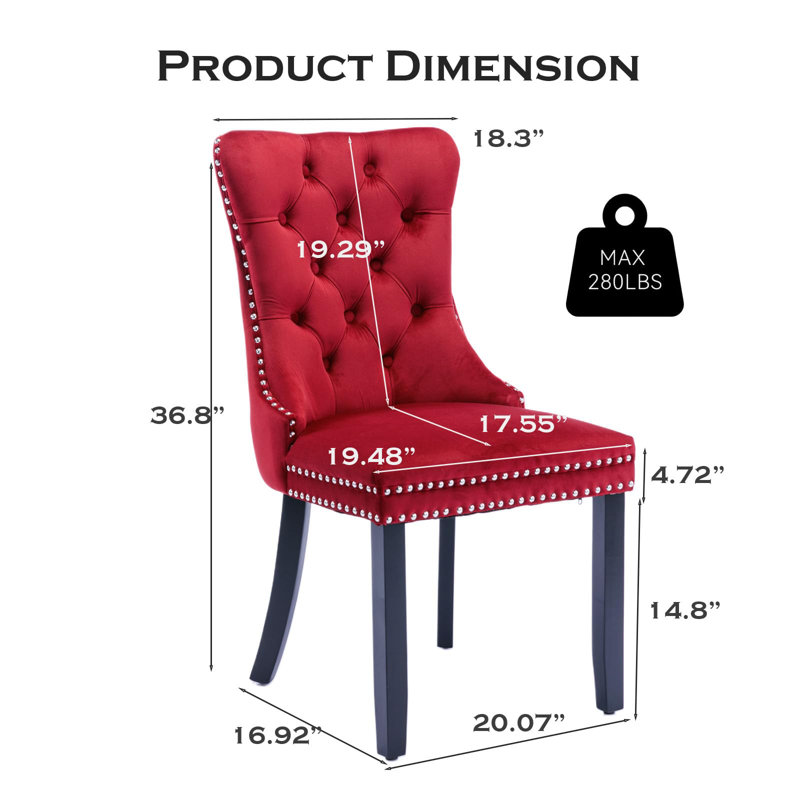 Chaise de salle à manger en velours avec anneau à dossier et pieds en bois massif, Noir, Rouge vin, 2