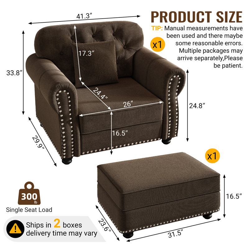 Petit fauteuil d'appoint rembourré avec repose-pieds Mid-Century, Brun