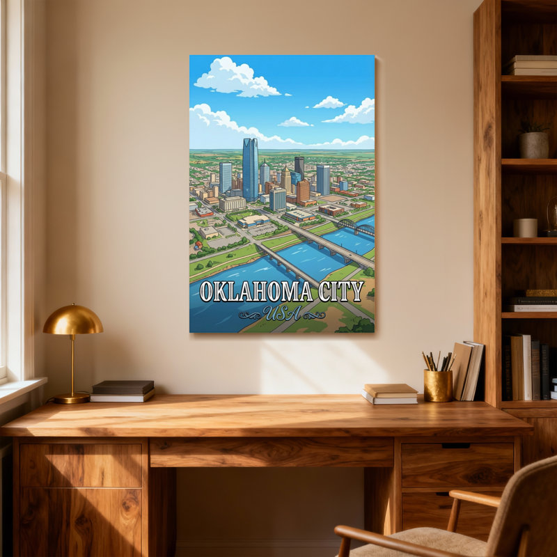 Scénario et paysages urbains de la ville d'Oklahoma, reproduction d'art, H 18 po x l 12 po