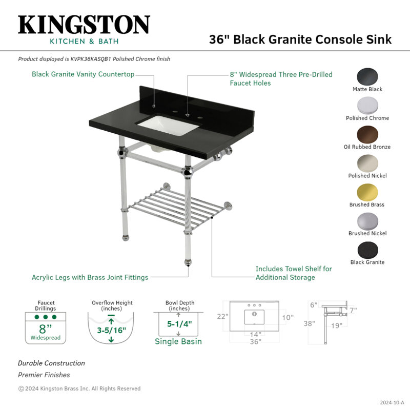 Kingston Brass Templeton 36-Inch Black Granite Console Sink with Acrylic Legs and Shelf (8-Inch, 3-Hole)