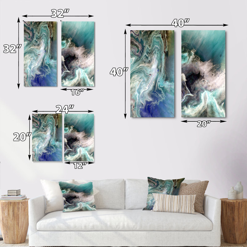 Turquoise, art liquide - ensemble de 2 peintures sur toiles, Toile tendue, H 32 po x l 32 po x P 1 po