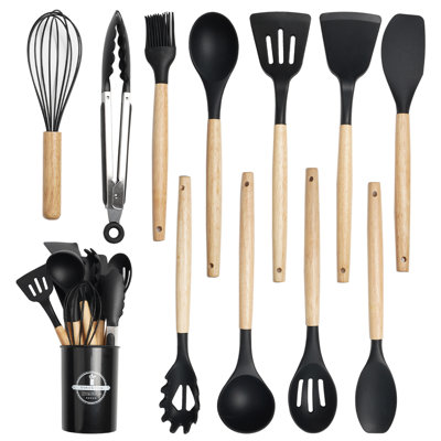 Ensemble d'ustensiles de cuisine 12 pièces en noir avec poignées en bois et support, anti-rayures et résistant à la chaleur pour batterie de cuisine antiadhésive