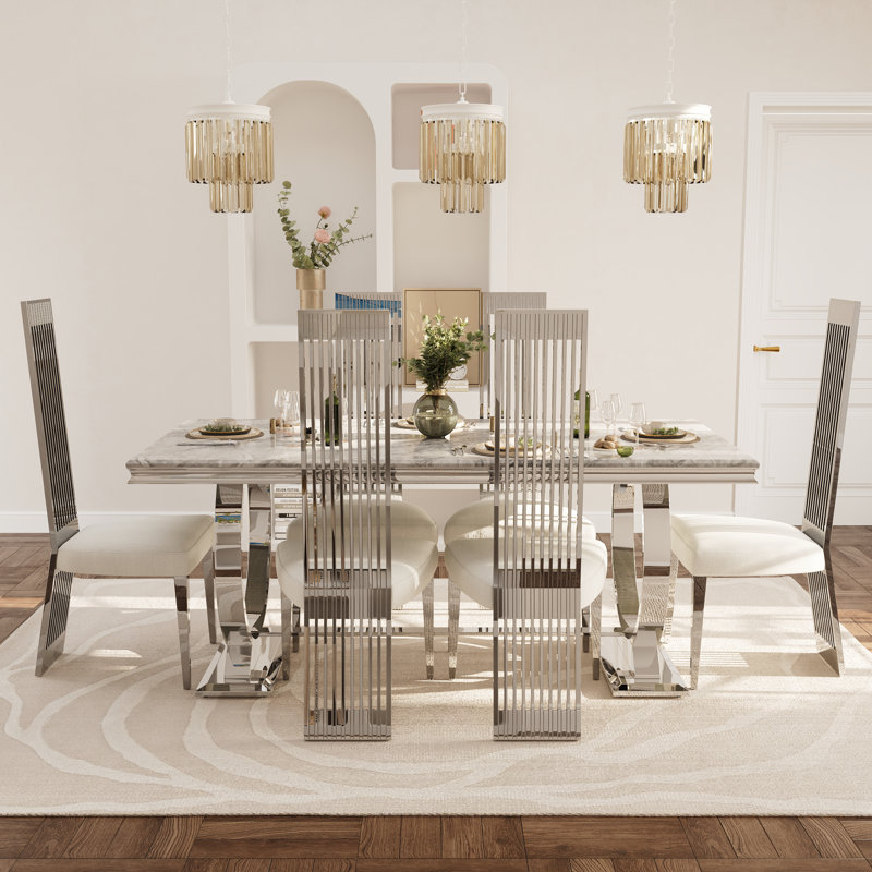 Ensemble de table de salle à manger 7 pièces blanc et argent avec 6 chaises blanches Boucle, Argent argent, Gris