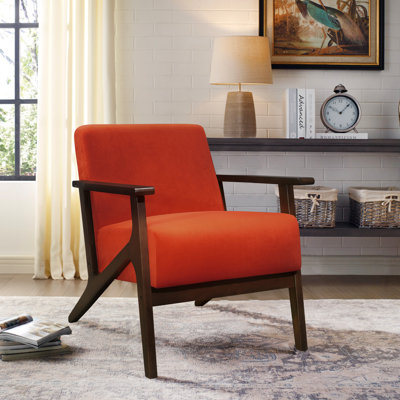 Chaise d'appoint transitionnelle en velours orange avec structure en noyer foncé et siège en tissu d'ameublement en noyer foncé