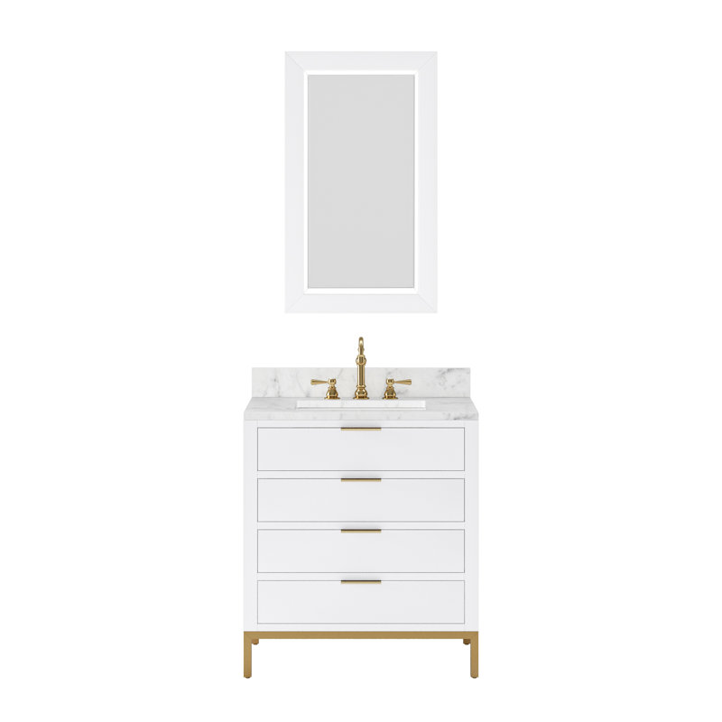 Meuble-lavabo de comptoir en marbre blanc de 30 po avec miroir Bristol, Blanc pur