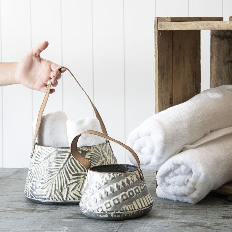 Rustic Whitewashed Galvanized Metal Storage Baskets With Faux Leather Handles Set of 2
