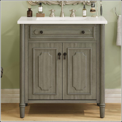 31 Inch Vintage Bathroom Vanity with Sink, Faux Aged Finish, Rustic Cabinet, Soft Close Doors, Adjustable Shelf, Curved Design, Rubber Wood Legs