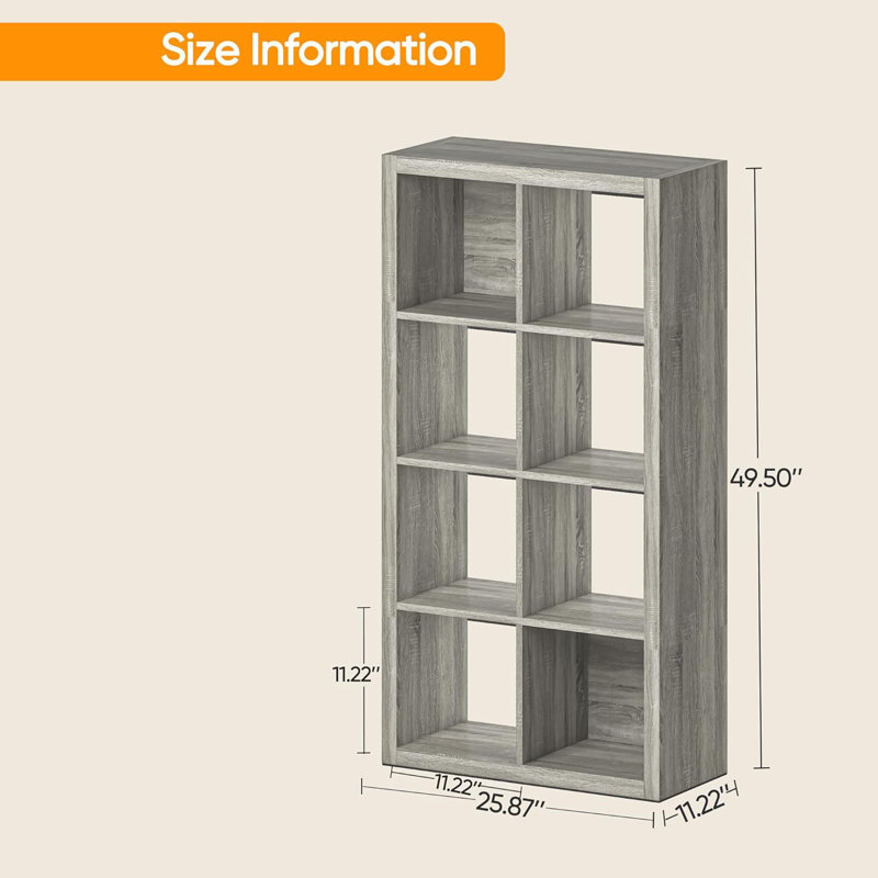Bookshelf with Storage Bins, 8-Cube Storage Organizer Wooden Bookcase Open Book Shelf, Grey Oak