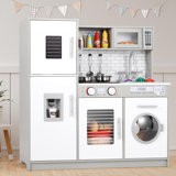 Play Kitchen For Kids, Wooden Chef Pretend Toy Kitchen W/Washing Machine, Water Dispenser, Stove, Real Sound & Light, Telephone, Range Hood, Oven, Sink For Toddler Preschooler Age 3+