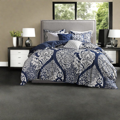 Ensemble de literie de luxe 7 pièces, satin de coton, motif damassé élégant, grand lit