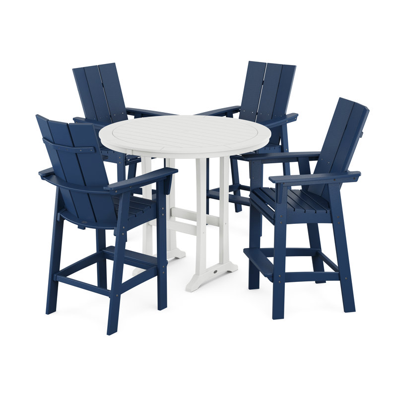 POLYWOOD Modern Curveback Adirondack 5-Piece Nautical Trestle Bar Set, Navy/White