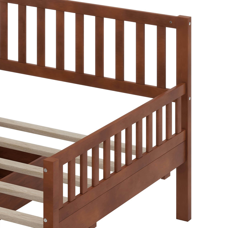 Lit plateforme en bois avec garde-corps des deux côtés et deux tiroirs, Lit simple