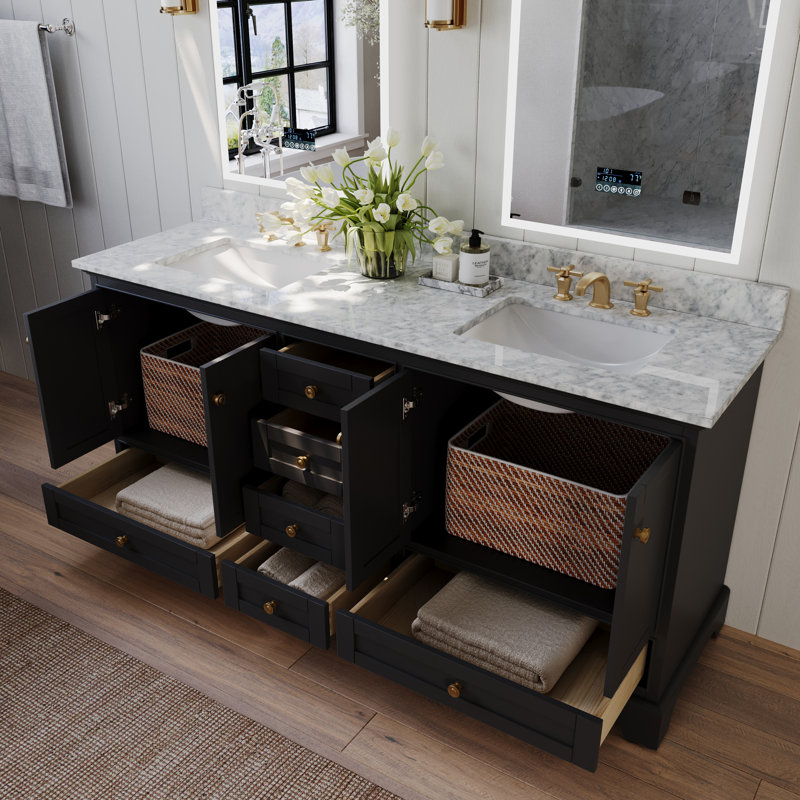 Meuble-lavabo double 72 po Audrey, Onyx noir | Or brossé
