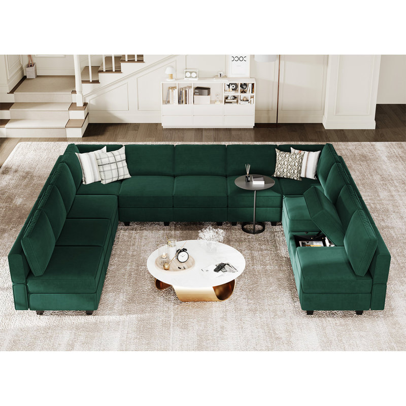 Wylodene 143" W Velvet Modular Sectional Sofa, Green Velvet