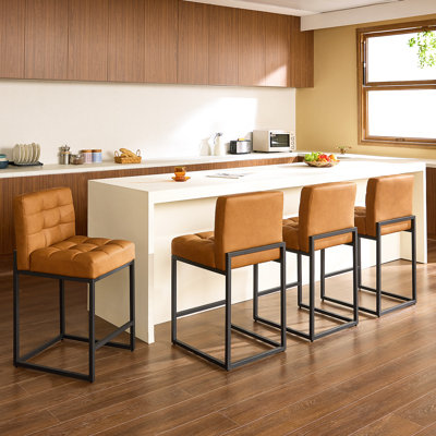 Modern Counter Height Bar Stools, 25 inch Checkered Wiring Thick Upholstered Barstools with Back Sturdy Metal Legs, Coffee Faux Leather Counter Stools for Kitchen Island (Set of 4)