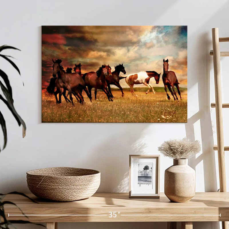 Brampt, chevaux sauvages dans la prairie, H 16 po x l 24 po