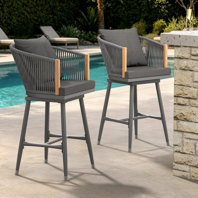  Ensemble de 2 tabourets de bar, tabourets de bar à hauteur de comptoir en rotin, tabourets de bar pivotants de 26 po avec dossier en corde tissée Boho pour les coussins de jardin de patio de cuisine inclus, gris