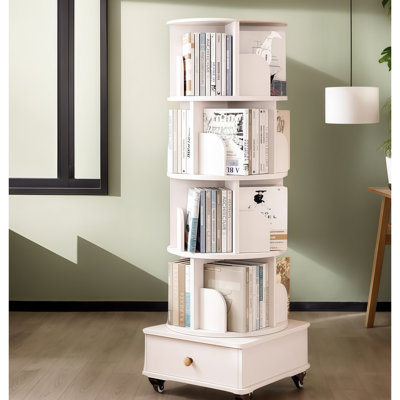 360 Degree Rotating Corner Bookshelf With Drawer, Wood Narrow Book Shelf Organizer For Bedroom And Living Room, Small Space Floor Standing Decorative by fengshu