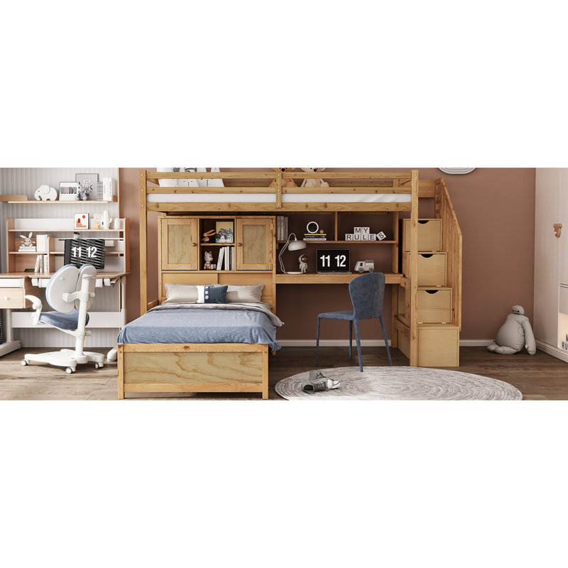 Twin Over Loft Bed With Storage And Pine Wood Construction - Natural Featuring Desk, Staircase Stable Frame, Natural