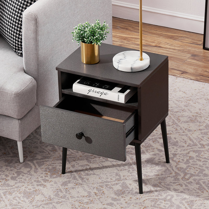 Gray Nightstand with Drawer and Open Shelf, Small Bedside Table / Narrow Side Table for Bedroom, Living Room, Dorm, Apartment, Entryway, Office, RV – Modern End Table with Storage for Small Spaces