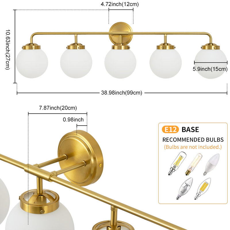 Gold 5-Light Dimmable Vanity Light with White Globe Shades