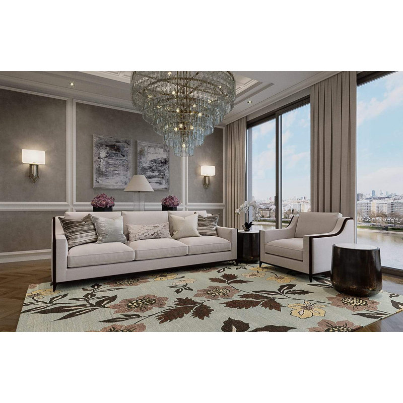 Chelsea Wool Floral Area Rug in Teal/Brown/Yellow, Rectangle 10' x 14'