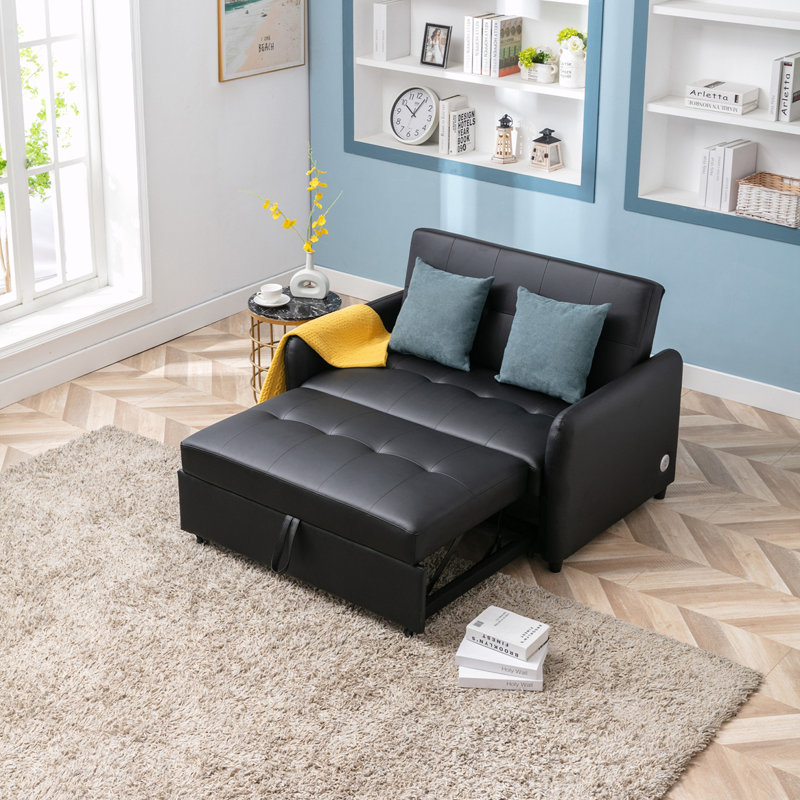 Canapé-lit en cuir végétalien 51,5 po, Similicuir noir, H 35 po x l 43,3 po x P 33,8 po
