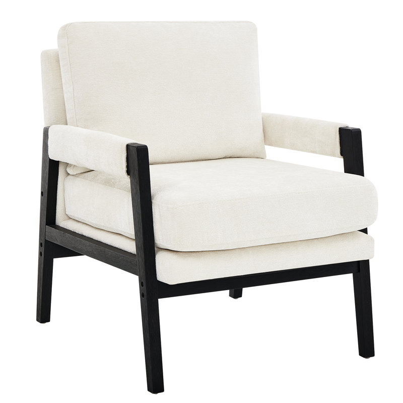 Fauteuil moderne en chenille avec coussin, structure en bois noir, dossier amovible, siège d'une hauteur de 19 po, chaise rembourrée en bois blanc, coussin réglable,