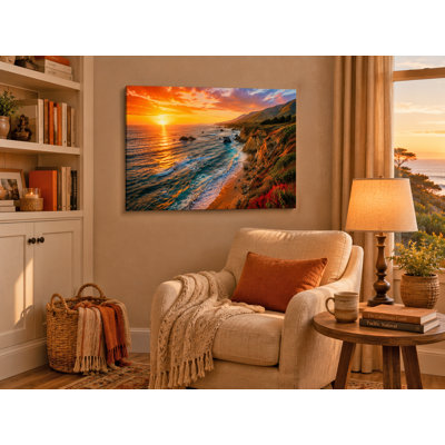 Golden Coastline Sunset - Coastal Cliff Landscape on Wrapped Canvas Wall Art