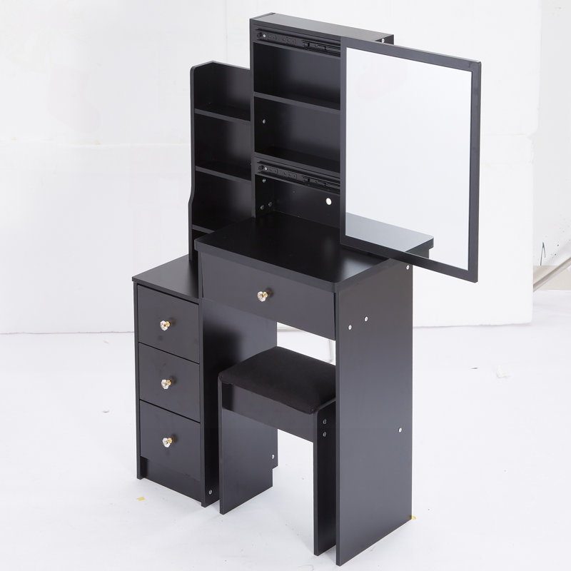Petit meuble-lavabo compact avec miroir coulissant et tabouret de rangement, Noir