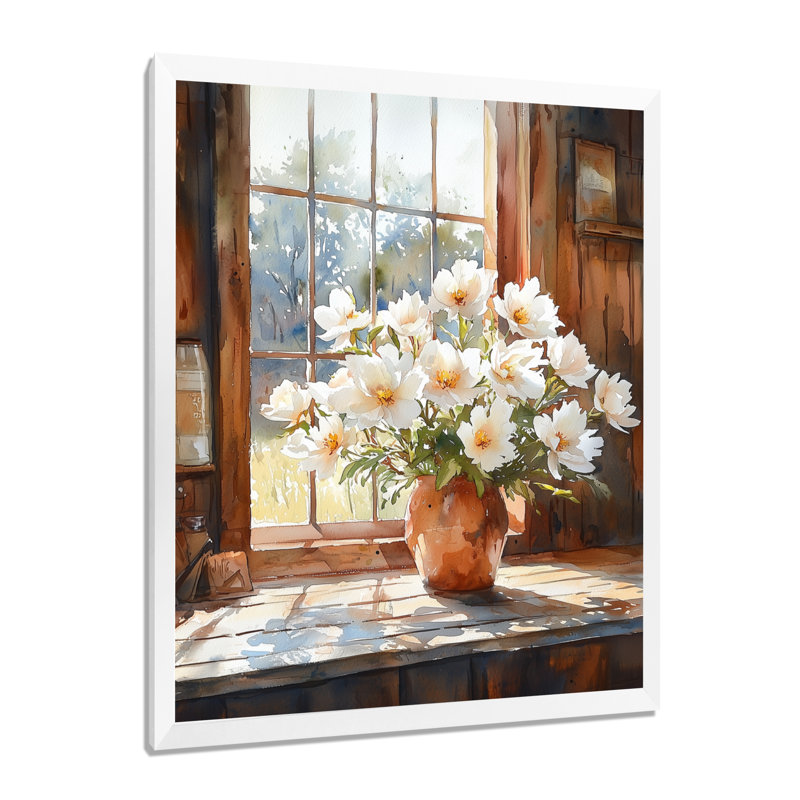 Pivoines dans la grange d'hiver I - art mural floral, H 32 po x l 16 po, Reproduction encadrée sans passe-partout, Blanc