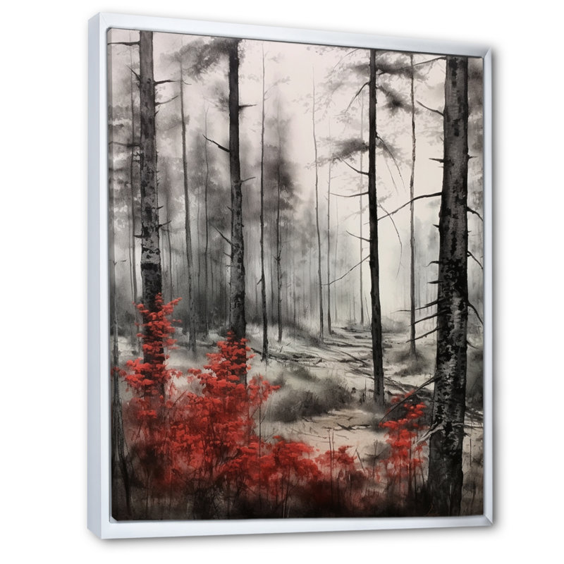 Rouge et gris Mystic Woods I - Forest Wall Art Living Room, 32" H x 24" W, Cadre flottant blanc