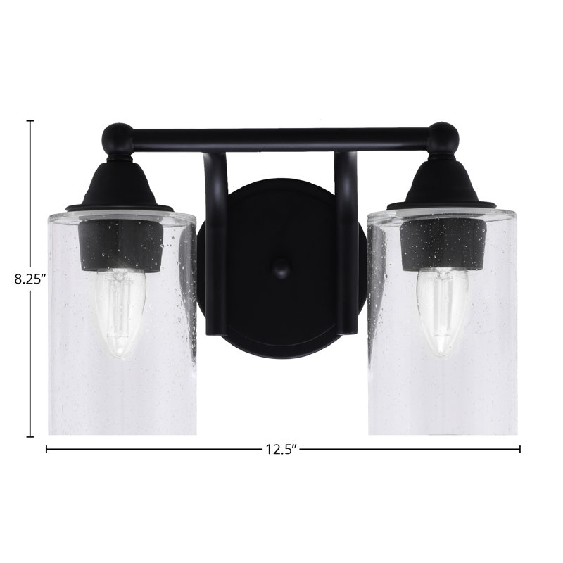 Barre d'éclairage de salle de bain 2 lumières Snatched, fini noir mat avec verre transparent de 4 po