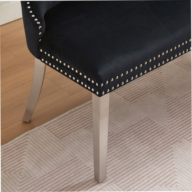 Banc en velours pour causeuse double pour la salle à manger, sièges de cuisine et de salle à manger, banc capitonné à 2 places avec boutons faits à la main, dossier à oreilles, pieds en acier inoxydable argenté brossé, style Mid-Century, paquet simple, noir