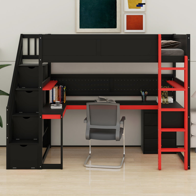 All-In-One Wooden Gaming Loft Bed With Built-In Desk, Storage Stairs & Shelves, Black/Red