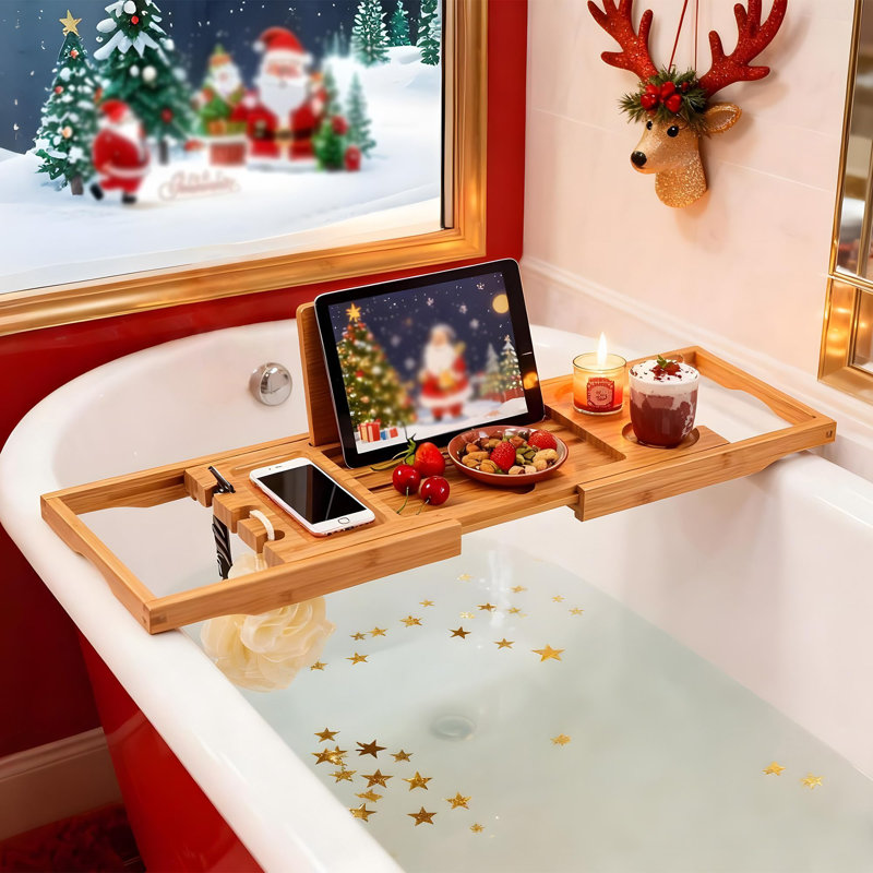 Plateau de baignoire en bambou avec porte-serviette et porte-gobelet ajustable