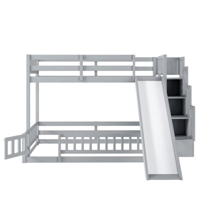 Twin Over Full Bunk Bed with Slide, Storage Staircase, Pine Solid Wooden Bunk Bed with Safety Guardrails