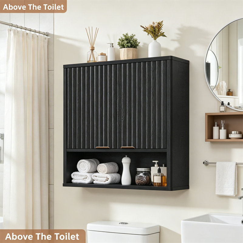 Modern Fluted Bathroom Wall Cabinet, Farmhouse Over Toilet Storage with Adjustable Shelf, Black