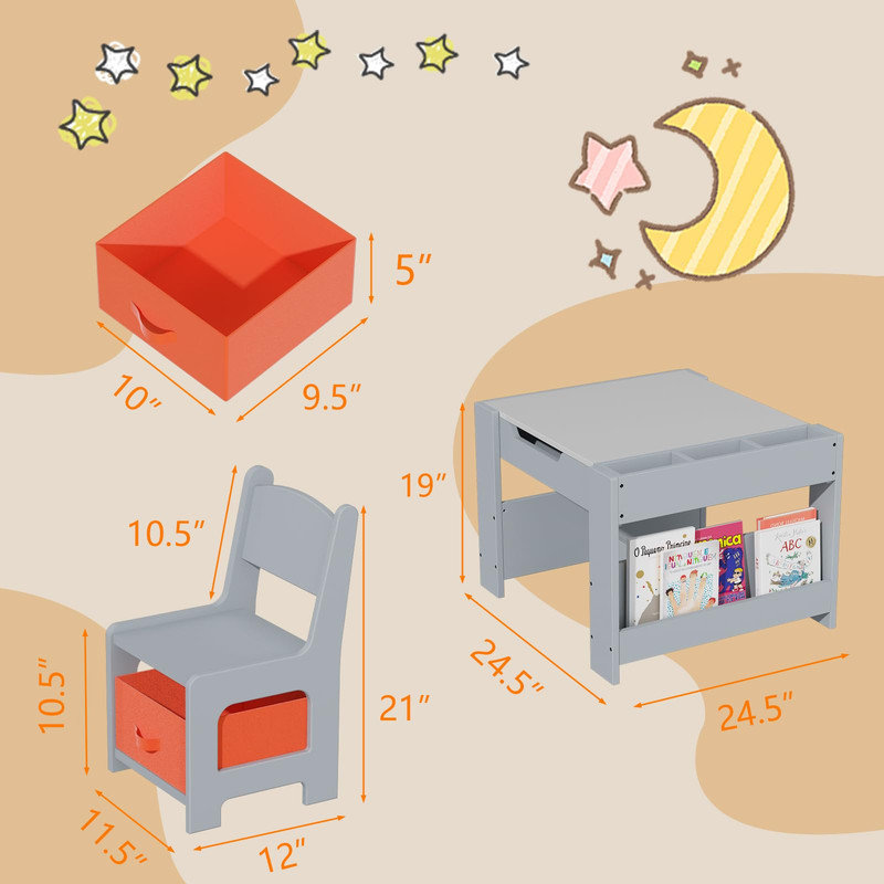 Ensemble de table et chaises pour enfants avec bibliothèque intégrée, Gris