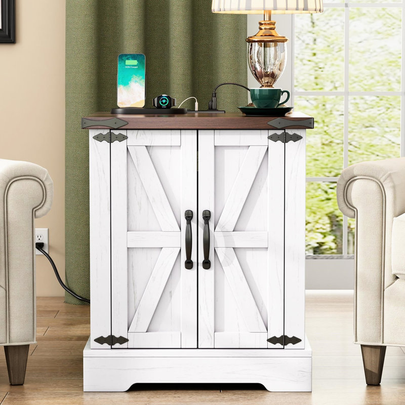 Table de bout rustique avec surface de chargement - rangement flexible et tablette réglable blanc, Blanc