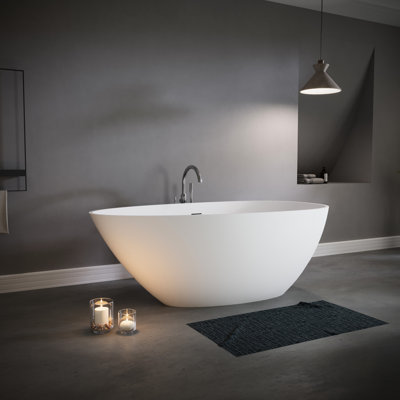 Baignoire autoportante de 59 po avec surface solide et résine de pierre, blanc mat, conservation de la chaleur à long terme, conception confortable pour une baignoire spa de luxe, construction en résine, apparence blanche, spacieuse
