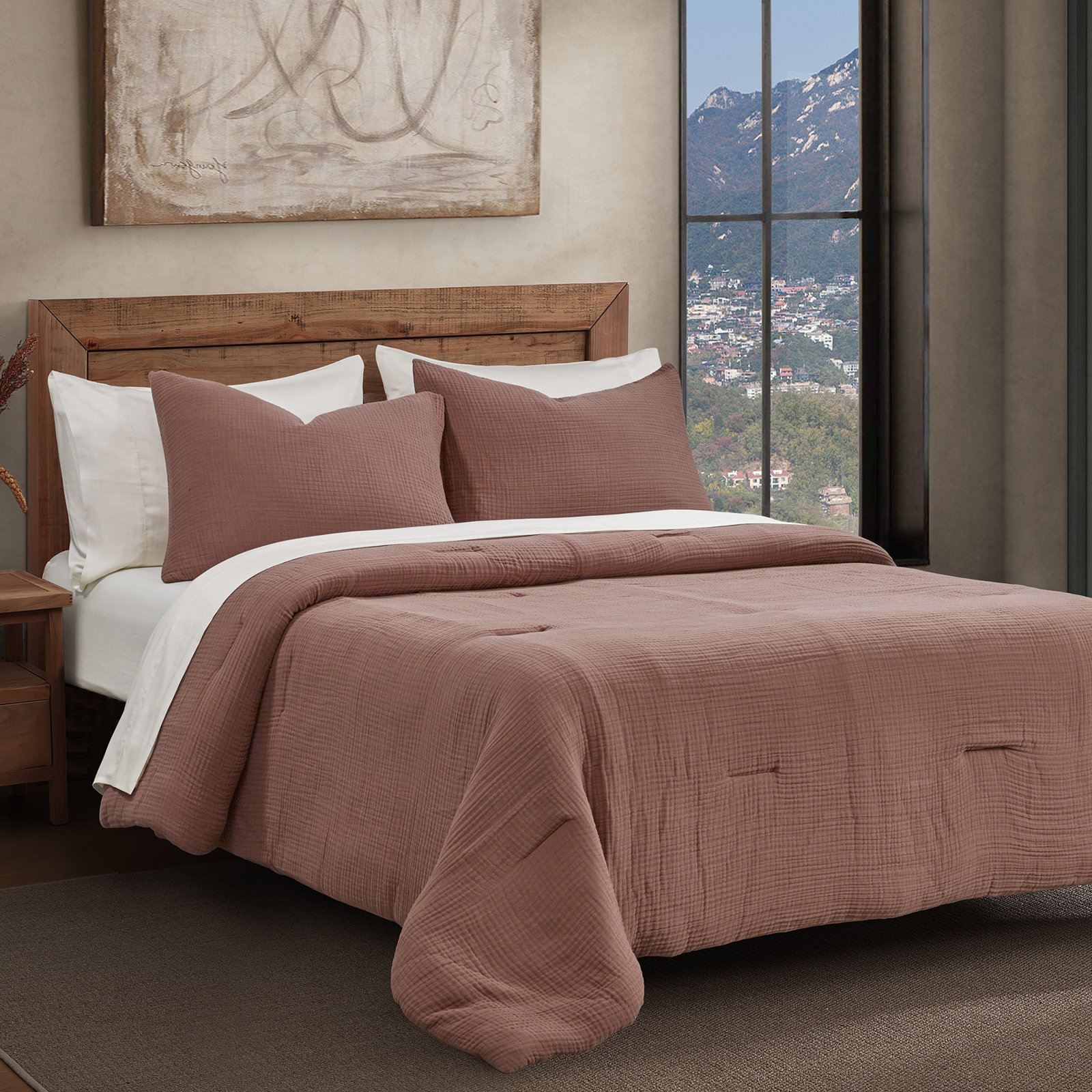 Cotton Voile Classic Casual Modern Rustic Soft And Lightweight Comforter Set, King Comforter + 2 King Shams, Red Clay