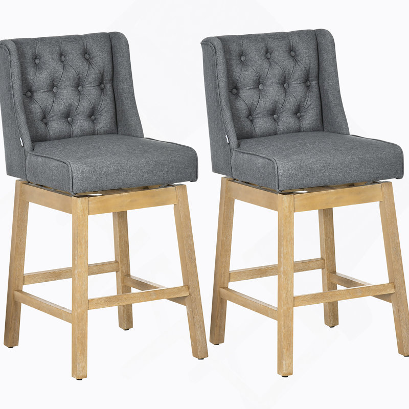 Counter Height Bar Stools Set of 2, 180 Degree Swivel Barstools, 27" Seat Height Bar Chairs with Solid Wood Footrests and Button Tufted Design,